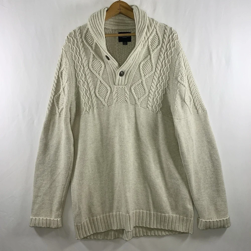 Mens Fisherman Cable Knit Sweater Sz L Tall New England Coastal Shawl Collar